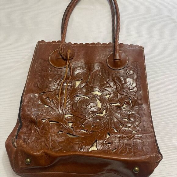 Patricia Nash Brown Tooled Leather Metallic Tote Bag - Picture 2 of 10
